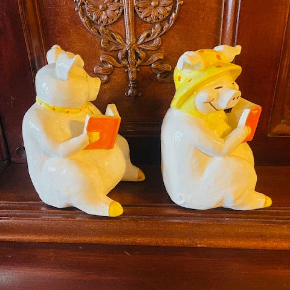 Vintage Fitz and Floyd Ceramic Pigs Bookends “Who's Afraid Of The Big Bad Wolf?" - Picture 6 of 7